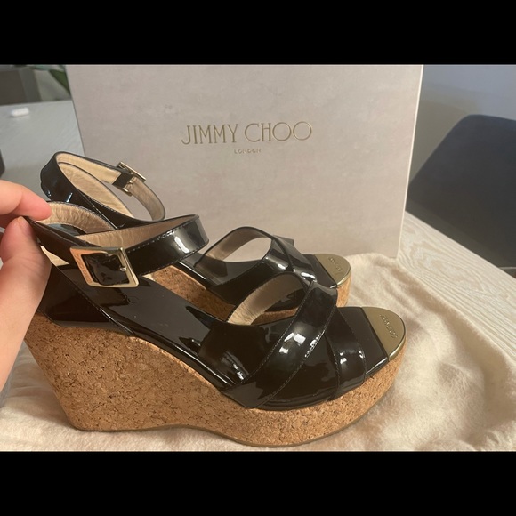 Jimmy Choo Papyrus Patent Cork Black Wedge Size 40 - Picture 7 of 11